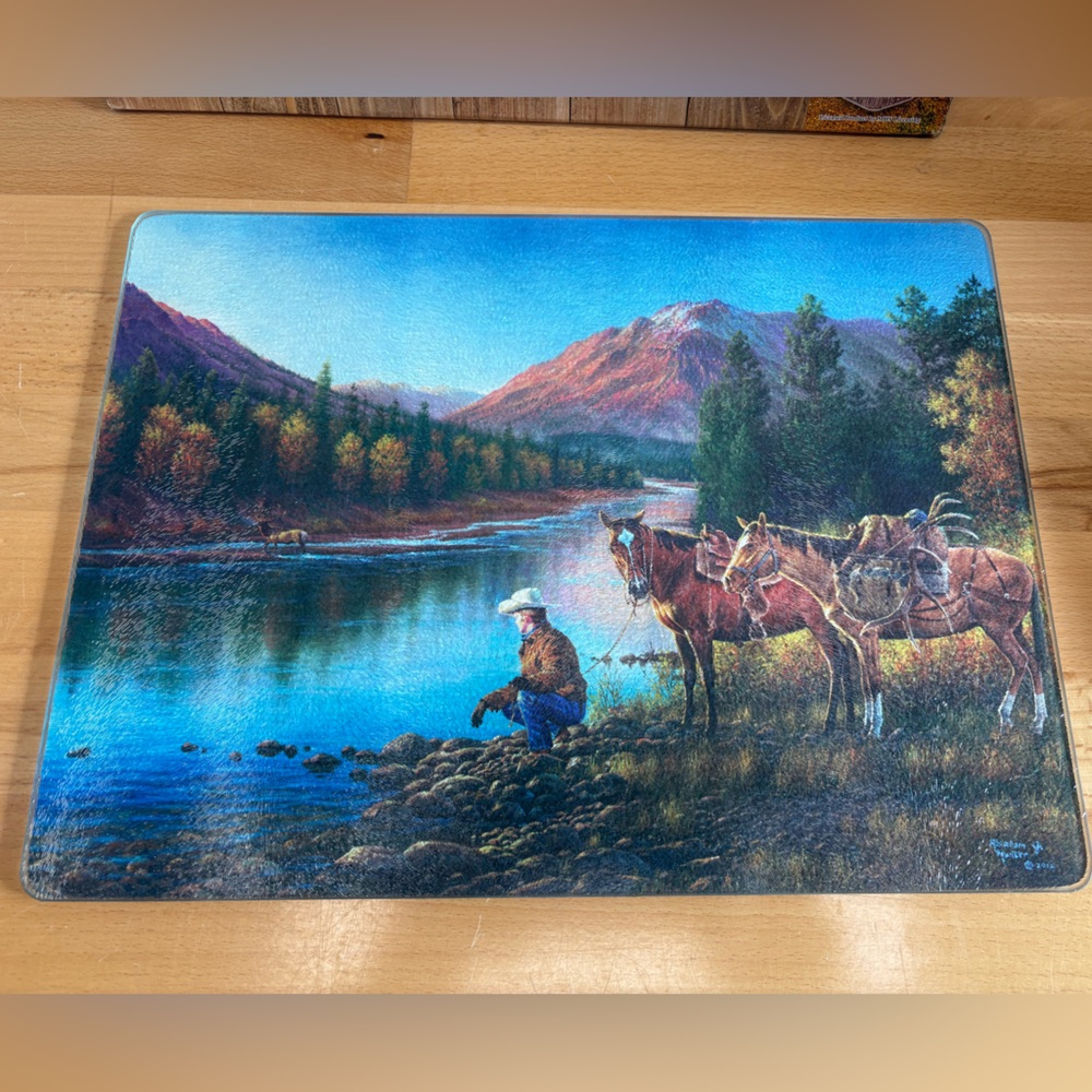 Cowboy & Horses Tempered Glass Cutting Board 12”x16”. Western Mountain Stream.